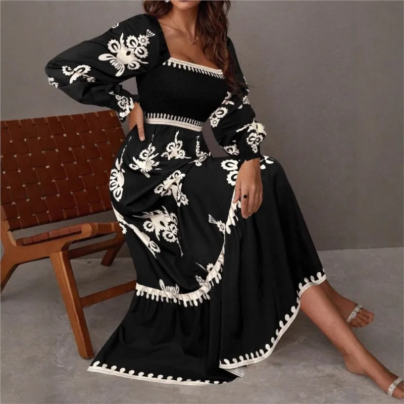 2025 الخريف المرأة أنيقة ملابس منقوشة بكم طويل فستان طويل Vestido Largo Mujer أنيقة البوهيمي فساتين السهرة عطلة نمط