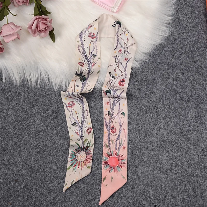 Dawn Garden Pink Brand Skinny Scarf Women Bag Scarves 2024 New Design Silk Scarf For Ladies Foulard Wrist Towel Neckerchief