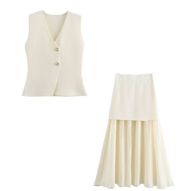 SMVP Women 2 Piece Set Chic V-Neck Sleeveless Button Knitted Vest Top+Splicing High Waist Side Zipper Ankle-Length Skirt