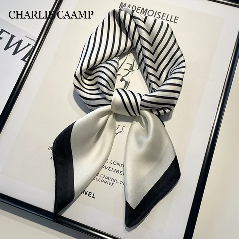 

Black White Stripes Square Scarf Silk Neck Scarves Women's Luxury Satin Headband Shawl Wraps Bandanas Female Neckerchief 70x70cm