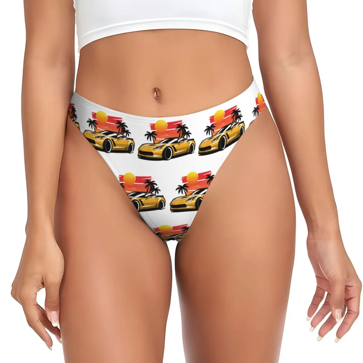 Custom Yellow Corvette Z06 Sunset Palms G-string Panties Breathable Women Stretch Thongs Comfort Underwear