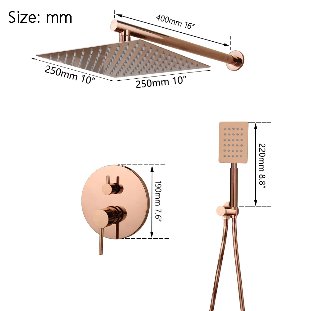 Torayvino Rose Gold Bathroom Shower System Rectangle Rainfall Wall Mounted Hand Shower Rotate Spout Mixer Water Tap Combo Kit