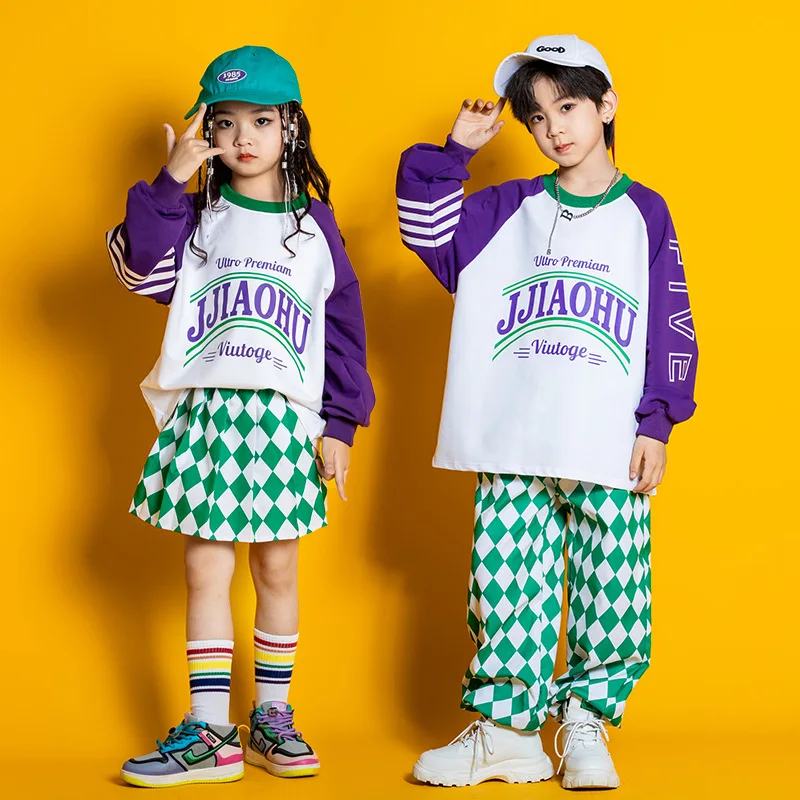 Kid Hip Hop Clothing White Purple Sweatshirt Green Checkered Street Jogger Pants Pleat Skirt for Girl Boy Dance Costume Clothes