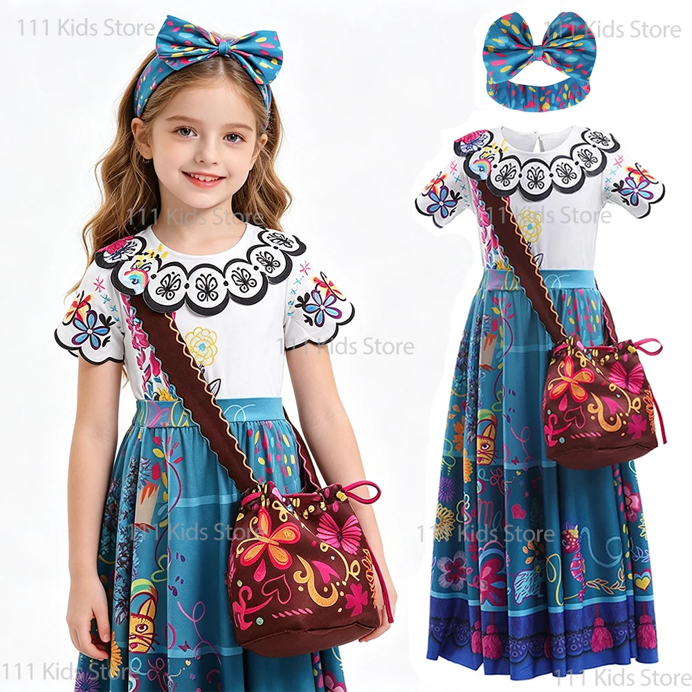 Cartoon Encanto Princess Dress Girls Mirabel Cosplay Costumes with Headband Bag 3Pcs Perform Outfit Children Flower Summer Dress