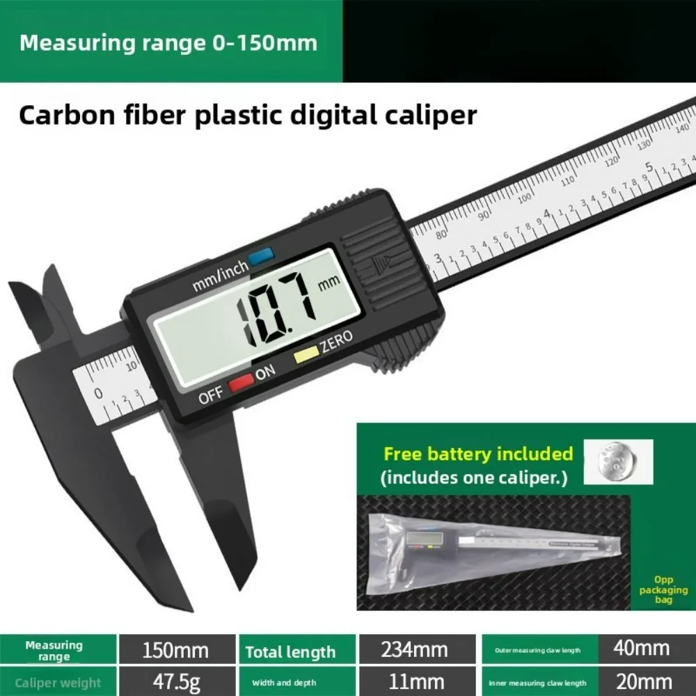 Plastic Digital Electronic Vernier Caliper (0-150/100mm) with Carbon Fiber Components for Jewelry & Antique Craft Measuring