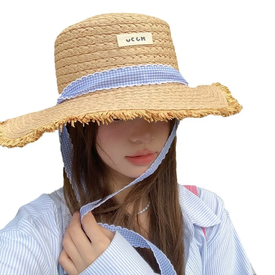 Sombreros de paja con cinta a cuadros para mujer, gorra de viaje, protección solar, ala ancha, accesorios de ropa