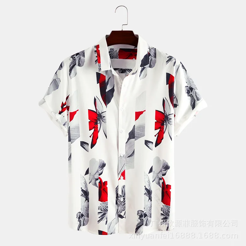 Europe and The United States Men's New Hot Fashion Shirt T-shirt Printed Lapel Shirt Hawaii Single Breasted Beach Casual Shirt