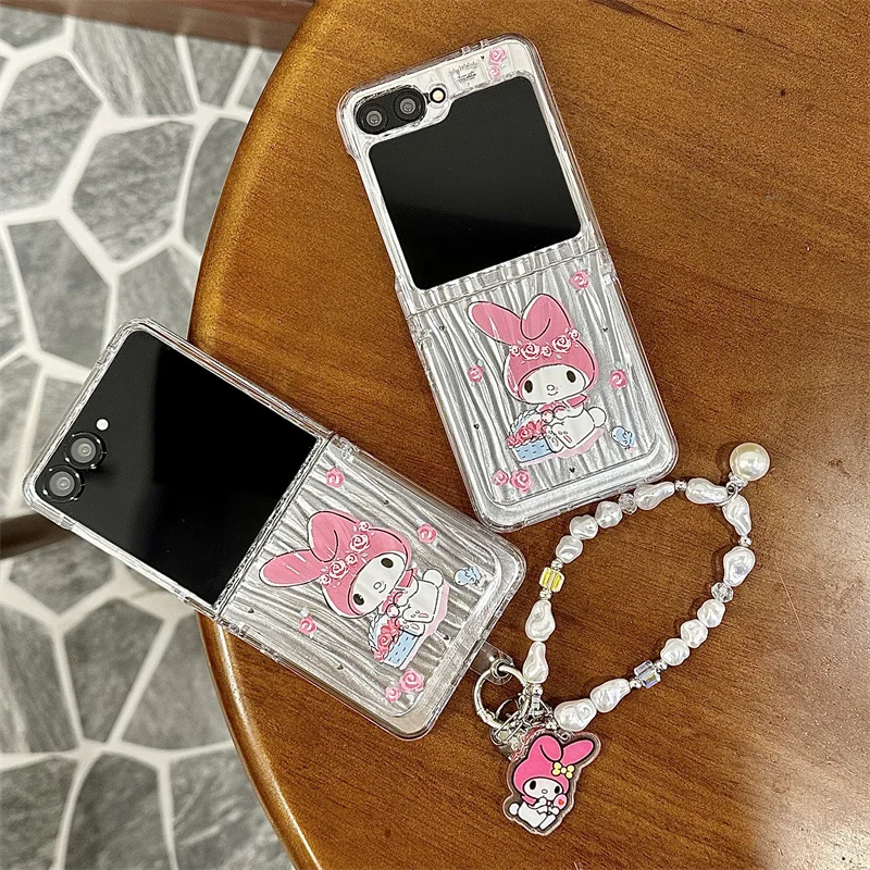 

Kawaii Cartoon Melody Phone Case For Samsung Z Flip 7 6 5 4 3 ZFlip6 ZFlip7 Back Cover with Hand Chain Cute Protective Cases Fun