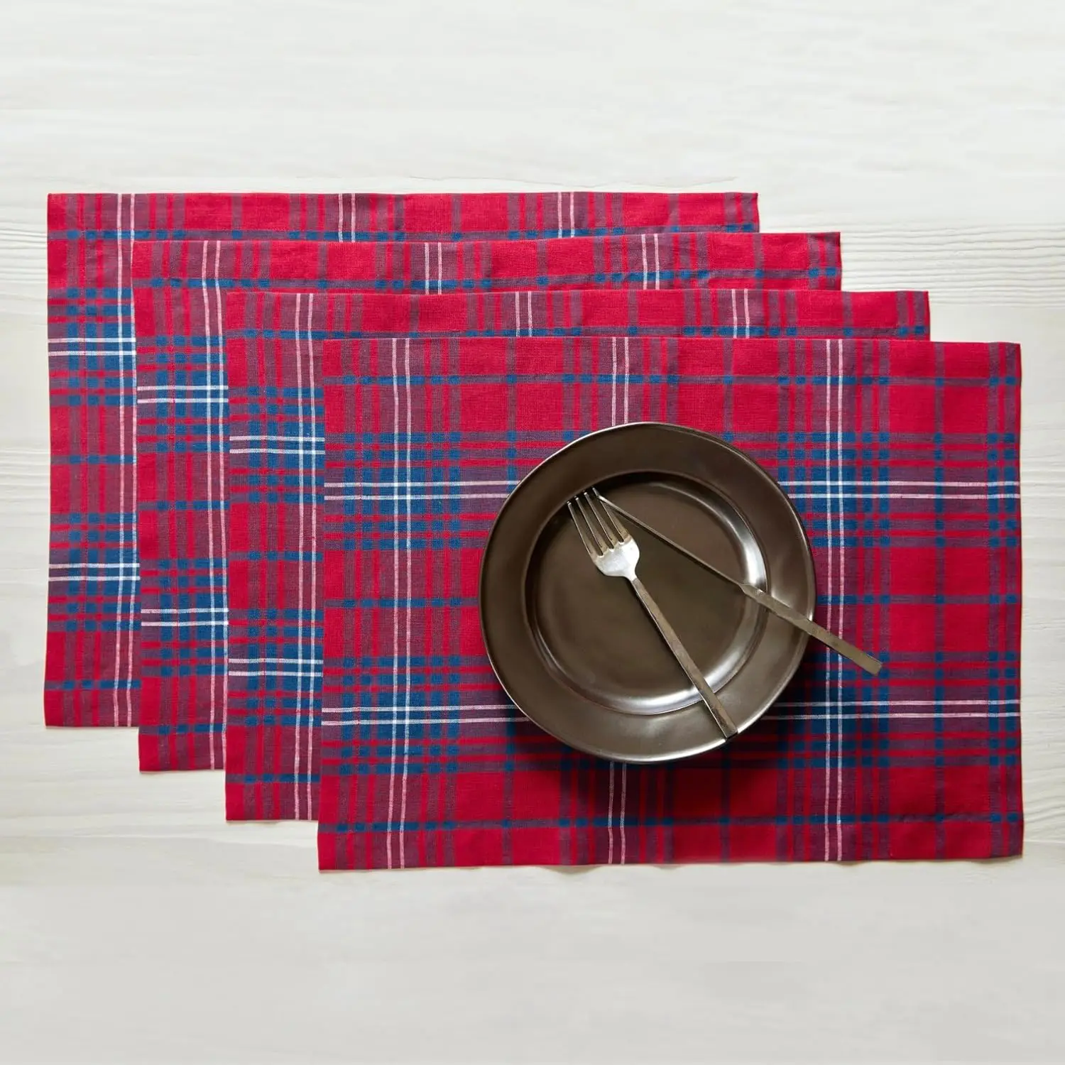 Home Linen Black Grid Placemats Set Of 4-100% Pure Linen Christmas Blue And Green Plaid Placemats