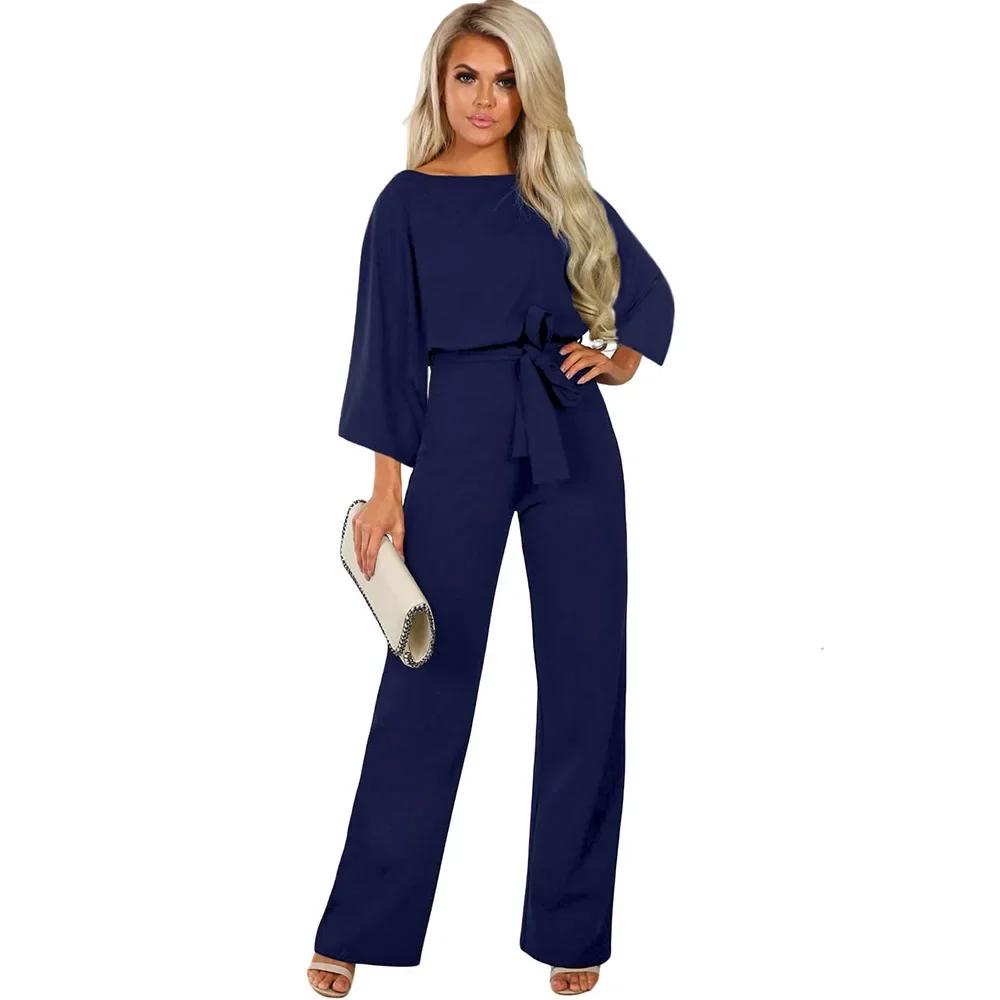 Elegant One Piece Jumpsuit Women 2024 New Office Solid Long Sleeve Sexy O Neck Lace Up Loose Casual Wide Legs Pants Rompers