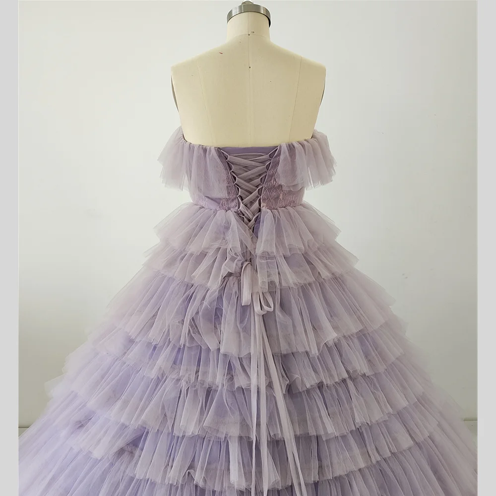 Vestidos de noche con foto Real, tul púrpura, volantes, fruncido, sin tirantes, longitud hasta el suelo, Princesa, talla grande, fiesta, vestidos de baile formales