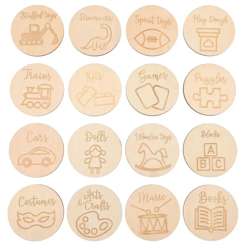 16 Pcs Clothes Labels For Kids Wooden Preprinted Label Toy Decoration Wood Round Tags Labels For Organizing For Home Decoration