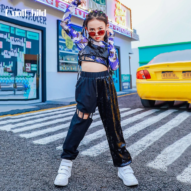 

Girls Camouflage Crop Top Sequin Camisole Hip Hop Sweatshirt Jogger Clothes Set Kids Street Dance Pants Wear Child Stage Costume