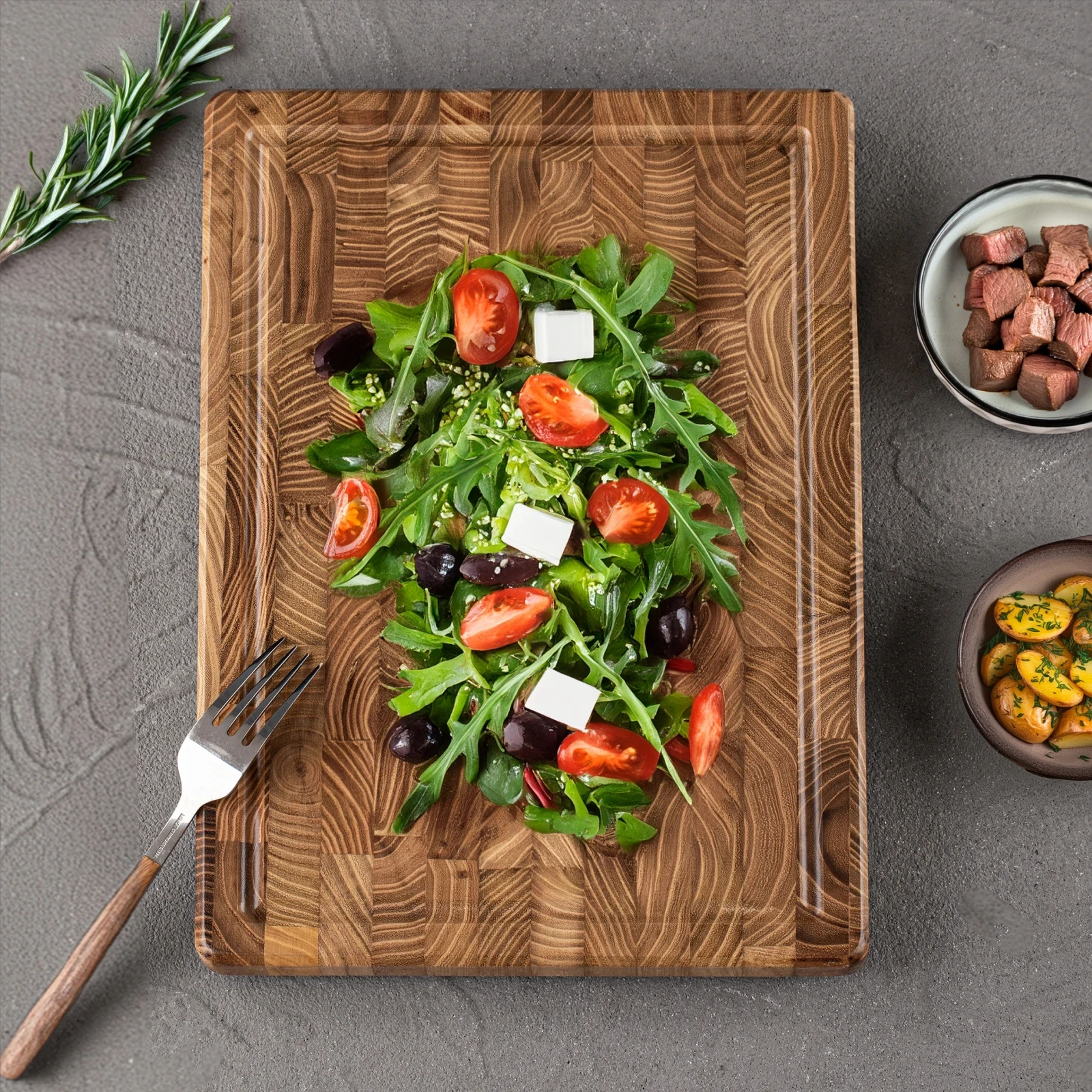 New teak chopping board with juice sink and dark buckle hand-held wooden cutting board multi-functiona solid wood cutting board