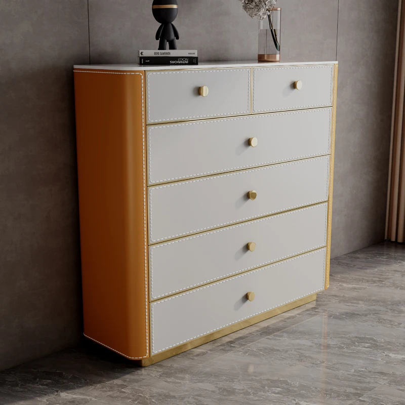 

Light luxury high-end saddle leather six-chest cabinet Modern simple wall storage drawer Solid wood rock slab high cabinet