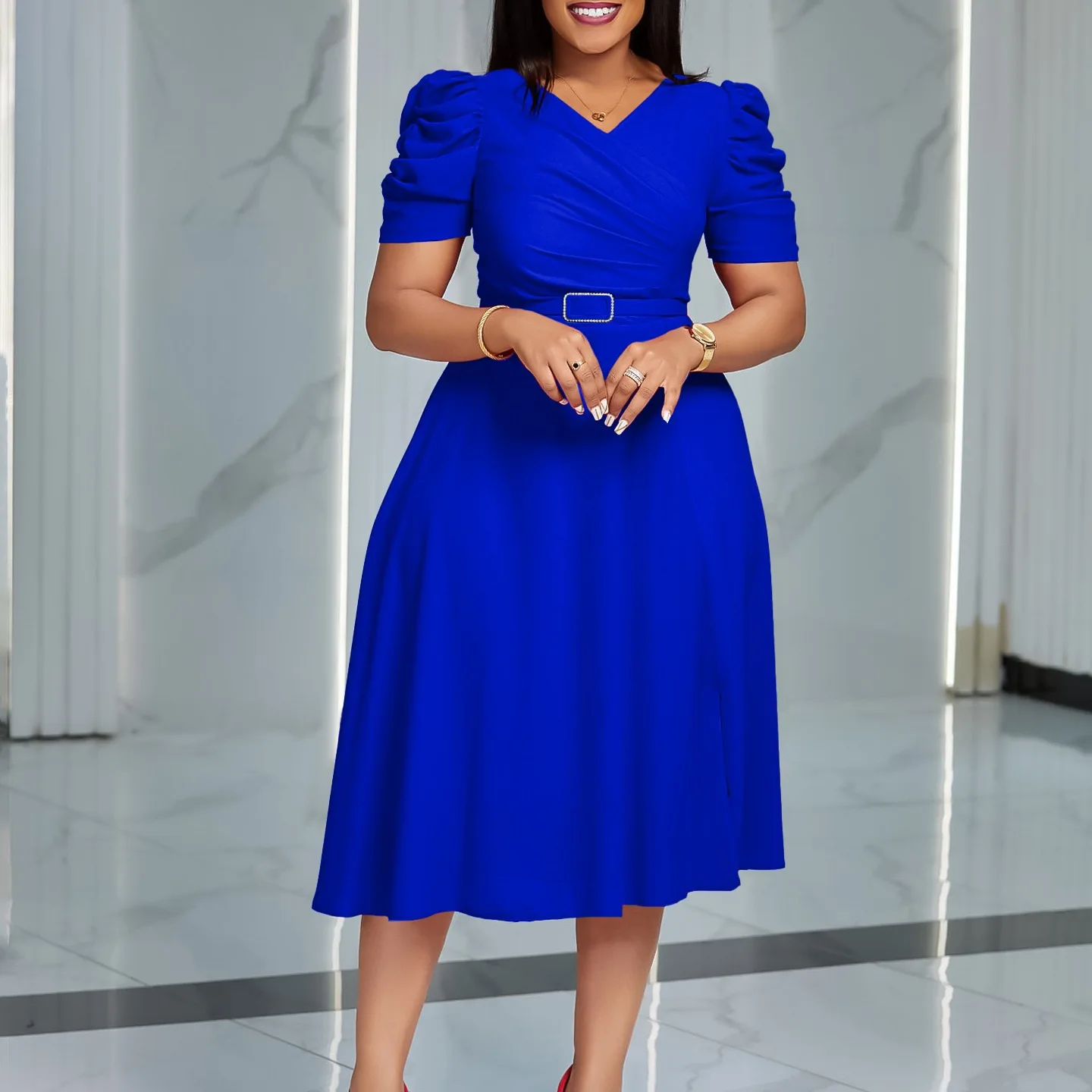Elegant Party Dresses for Women V Neck Short Sleeve Belt Waisted Pleated  Mid Calf Luxury Birthday Dinner Vestidos Mujer Dress OL - AliExpress  200000345