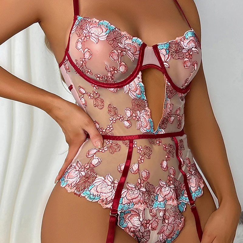 ECTOOKO Sexy Transparent Teddy Garter Bodysuits Oversized Curve Lingerie Skin Friendly Crotchless Jumpsuits Floral Underwear