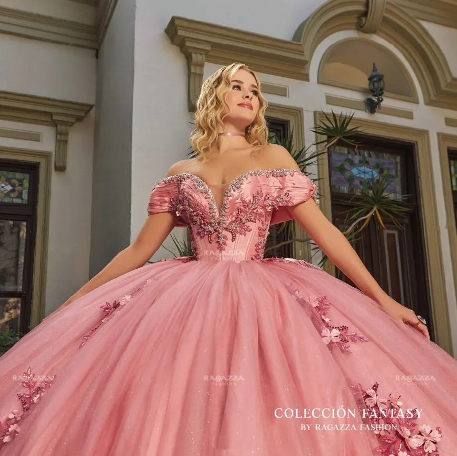 Schillernde erröten scharfes Prinzessin Quince anera Kleider von der Schulter 3d Blumen applikation Korsett Vestidos de 15 Años Quinceañeras 2024