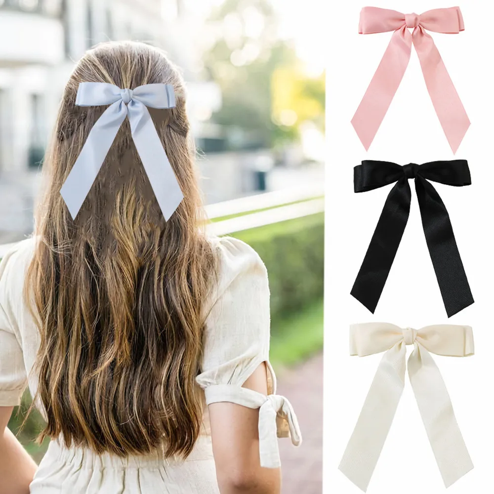 High quality Solid color dyed Bow Hair Accessories Double height ponytail long ribbon bow hair clip for women girls