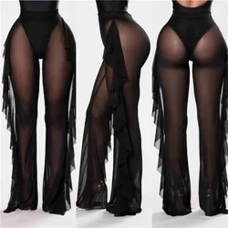 6 Colors Swim Panty for Women 2024 Summer See Though Beach Cover Up Bikini Shorts Anti-Sum Brazilian Ruffle Pant Mesh Swim Dress