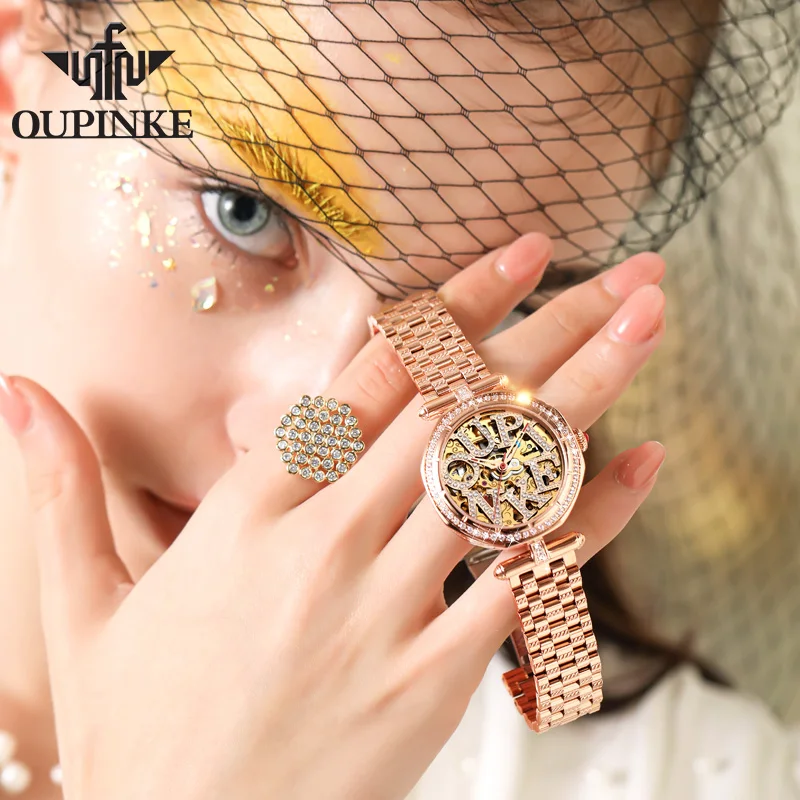 OUPINKE 3175 Top Brand Original Mechanical Watch For Women Hollow Diamond Dial Automatic Wrist Watches Fashion Luxury Hand Clock