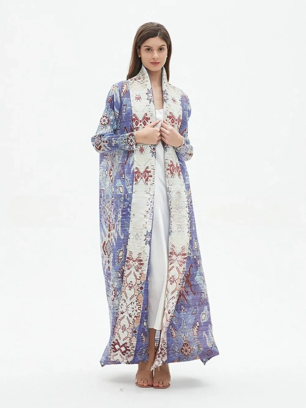 Miyake Pleated Abaya Vintage Printed Long Sleeve Trench Cardigan Dress Women 2025 New Original Designer Cardigan Long Coats