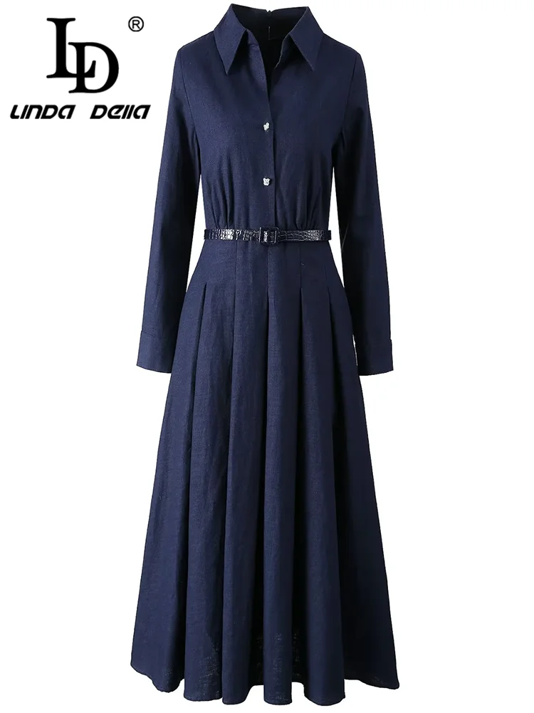 LD LINDA DELLA Elegant Commuter Solid Color Women\'s Dress Autumn Winter Turn-Down Collar Lace-UP linen long sleeves Dresses