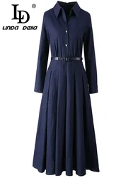 LD LINDA DELLA Elegant Commuter Solid Color Women's Dress Autumn Winter Turn-Down Collar Lace-UP linen long sleeves Dresses