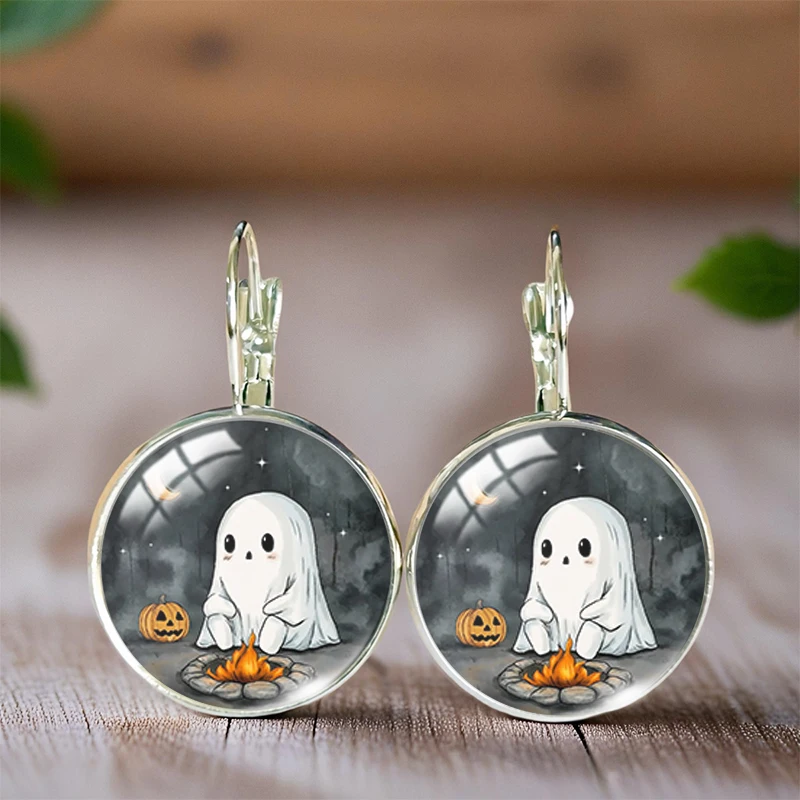 2025 New Fashion Bonfire Ghost Ear Clip Round Earring Glass Cabochon Art Printed Jewelry