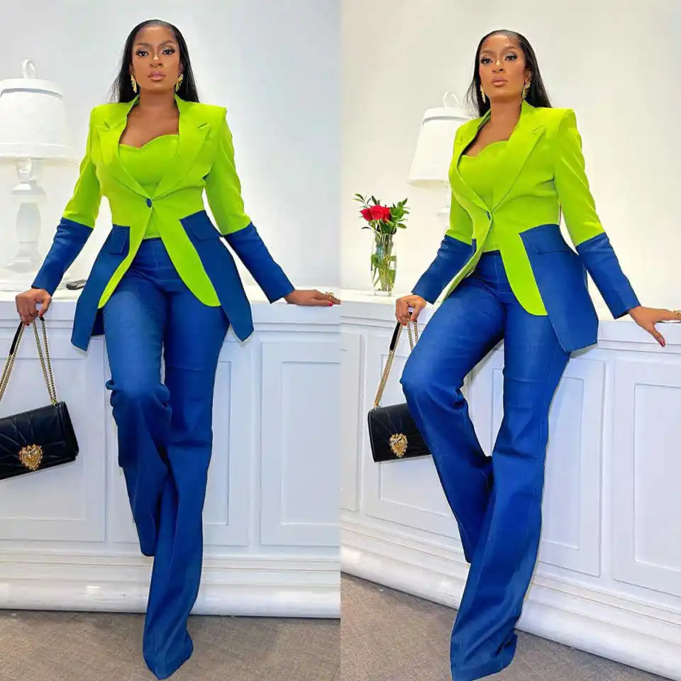 Modern Party Suits 2 Pieces Designed Full Sleeve Patchwork Gown Pants Flare Pants Customized 2 Pieces