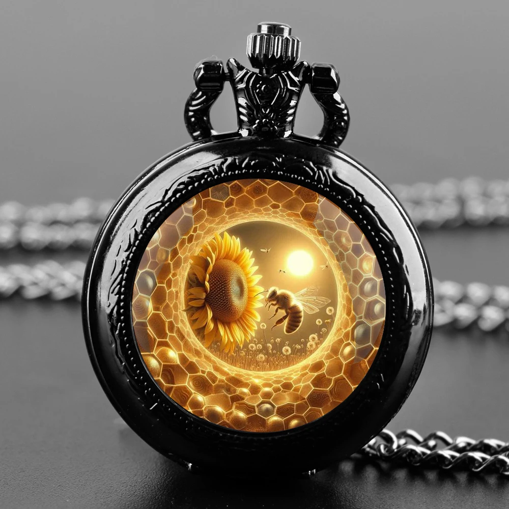 Exquisite Sunflower Bee Glass Dome Quartz Pocket Watch Arabic numeral Necklace Pendant Gifts For Women Man with Chain