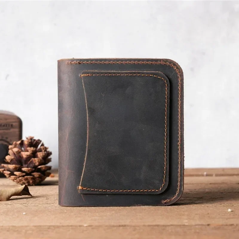 100% Genuine Leather Wallet for Men Male Brand Vintage Handmade Short Small Men\'s Purse Card Holder with Zipper Coin Pocket Bag