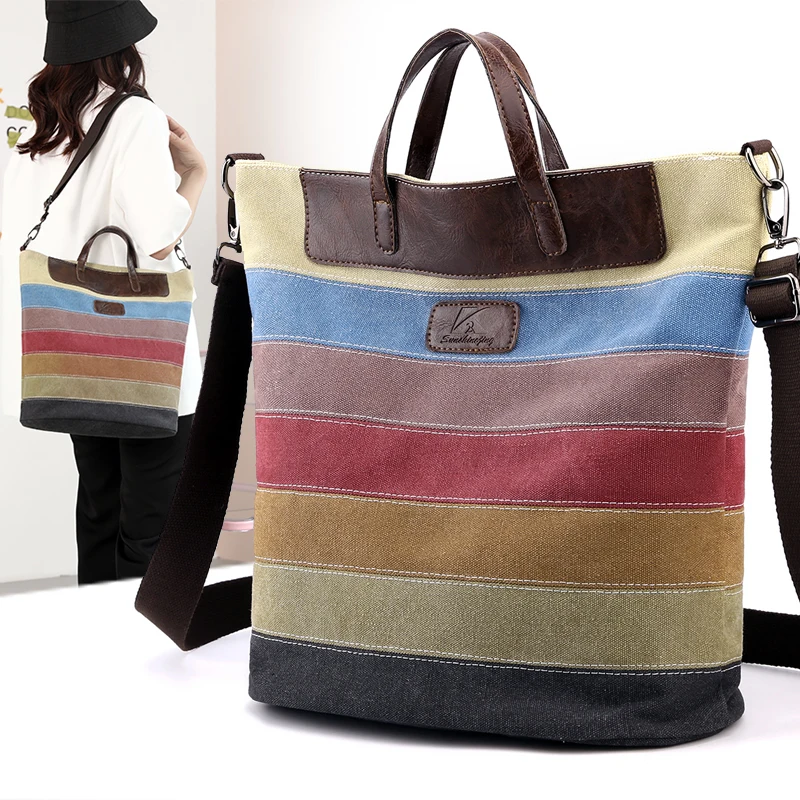 KVKY Patchwork ผ้าใบกระเป๋าถือผู้หญิงขนาดใหญ่ความจุกระเป๋า Shopping Tote กระเป๋าปกป้องสิ่งแวดล้อมผ้าใบไหล่กระเป๋า