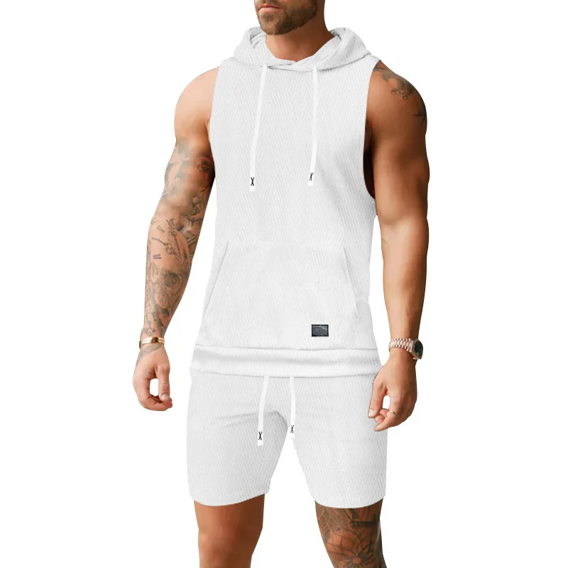 

Men European Casual Solid Jacquard Knit Two Piece Set Sleeveless Hooded Vest Shorts Daily Sports Outfit S XXL