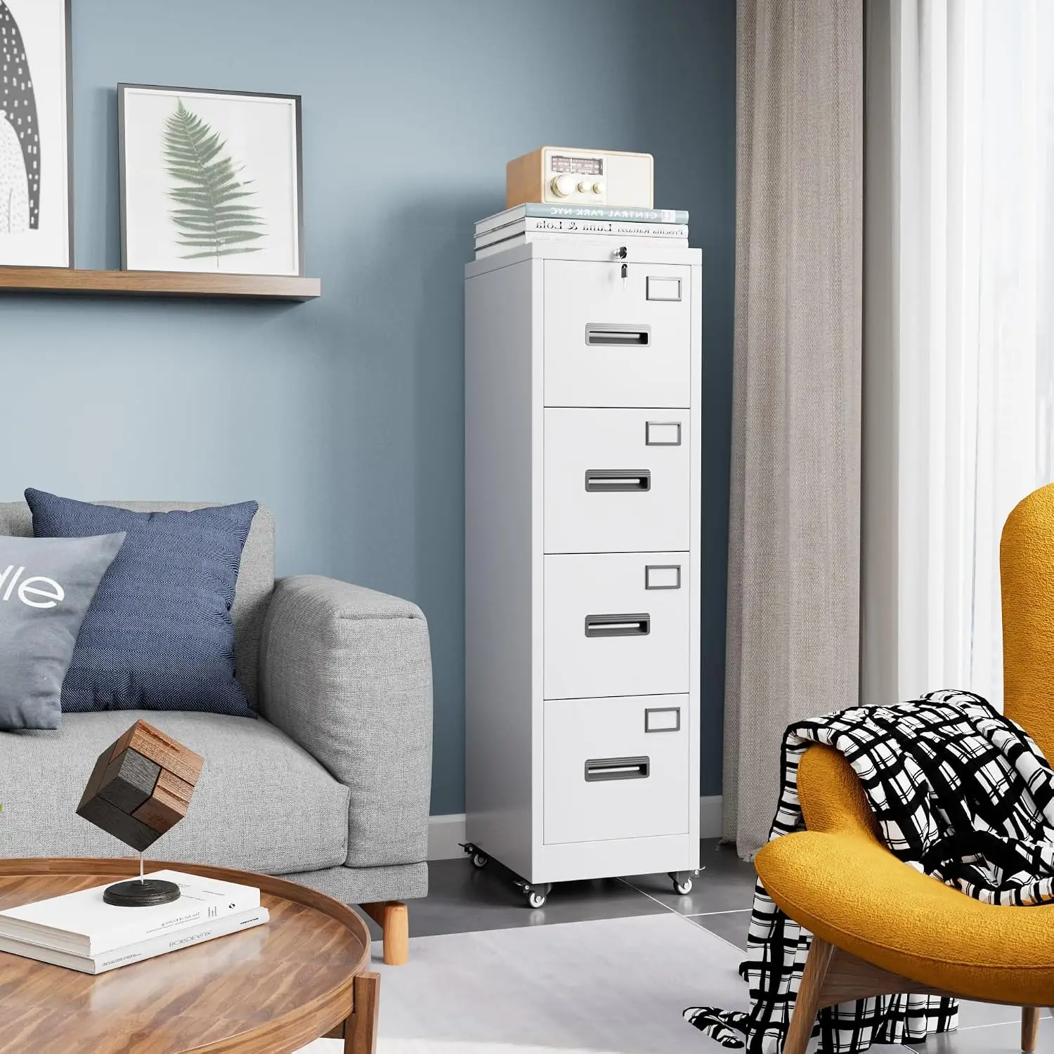 4-Drawer White Metal File Cabinet with Individual Locks, Heavy-Duty Steel Vertical Filing Cabinet for A4, Letter & Legal Size Do