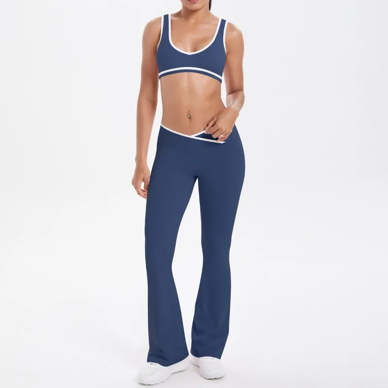 

New Women's Yoga Suit Contrasting Colors Tight Fitting and Breathable Cross Wide Leg Yoga Suit Sports Running and Fitness