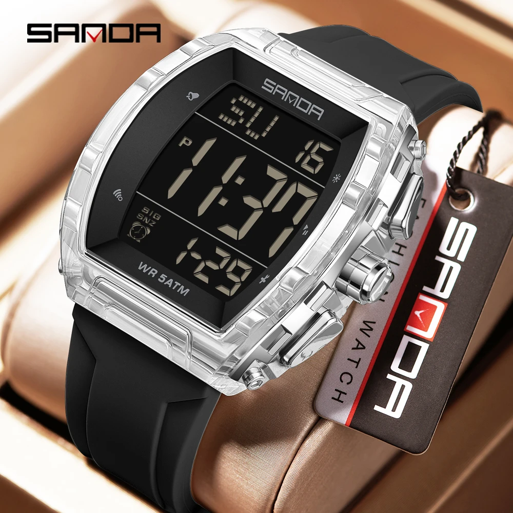 SANDA Black Sports Men's Digital Watch Waterproof Alarm Stopwatches Man Wristwatches Silicone Strap Military Big Dial Watches
