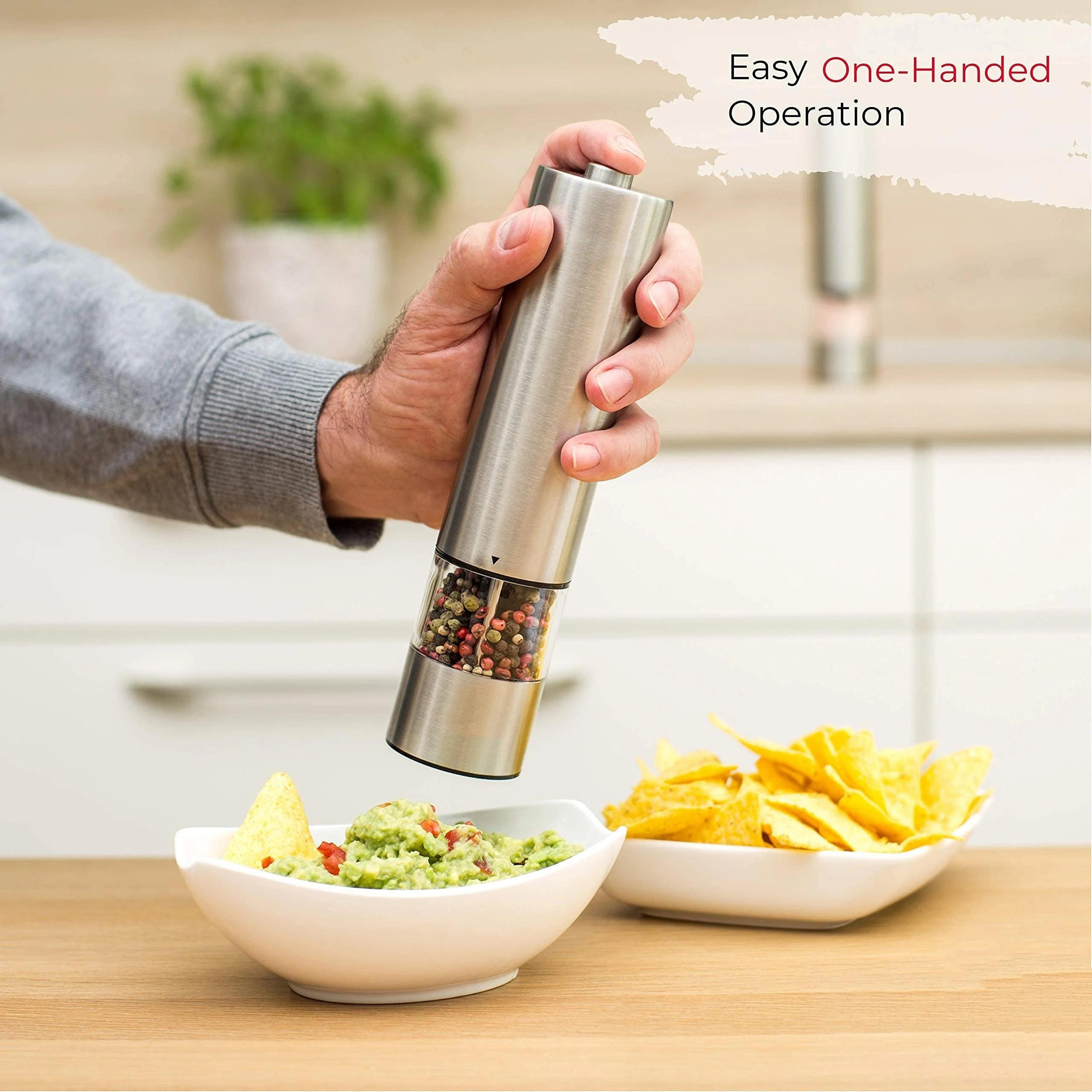 Electric Salt Pepper Grinder Set One Handed Operation Stainless Steel Spice Mill With Light Automatic Pepper Grinde for Kitchen