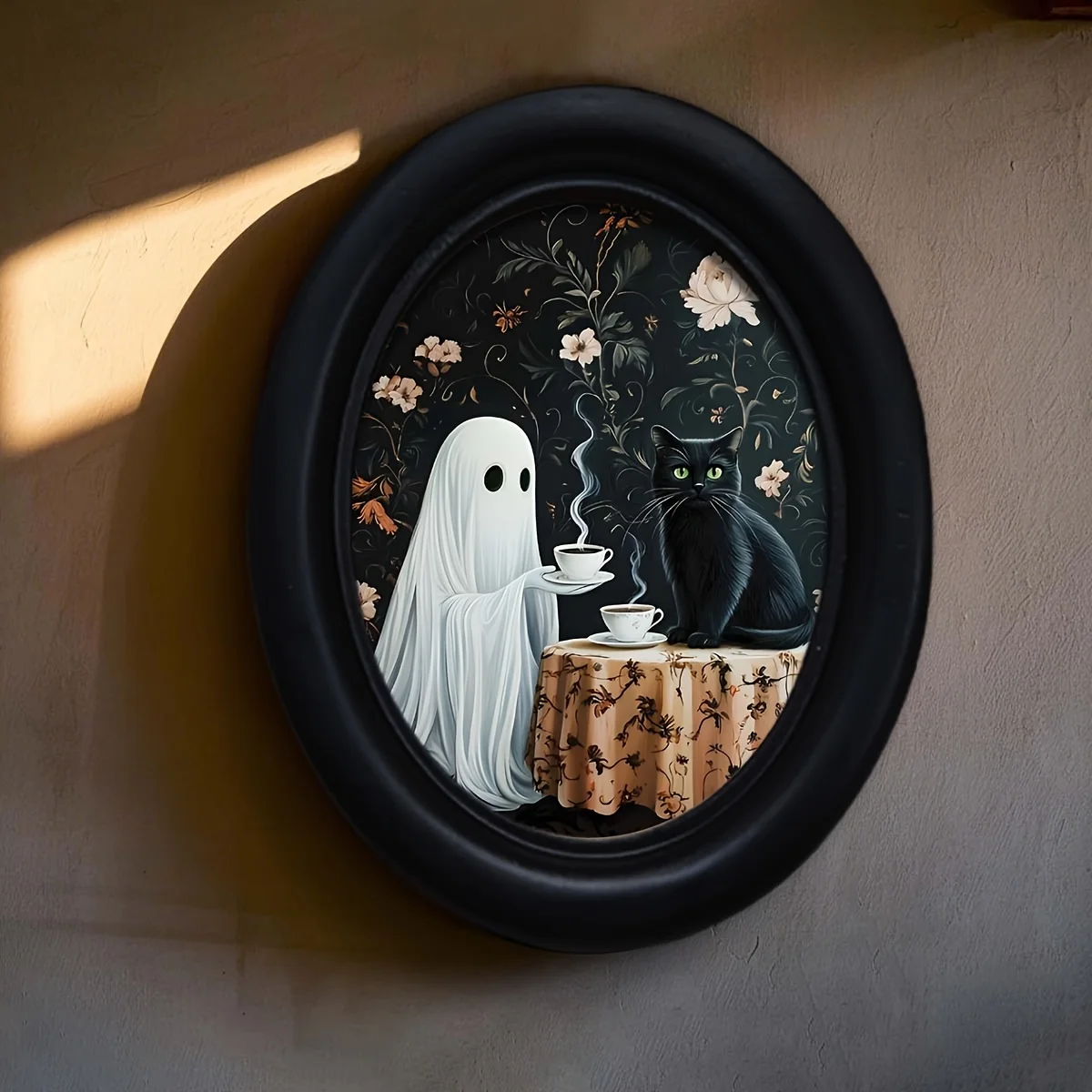 Gothic Halloween Ghost Black Cat Oval Framed Picture, Dark Floral Background Retro Desktop Wall Art Decor for Holiday Room Decor
