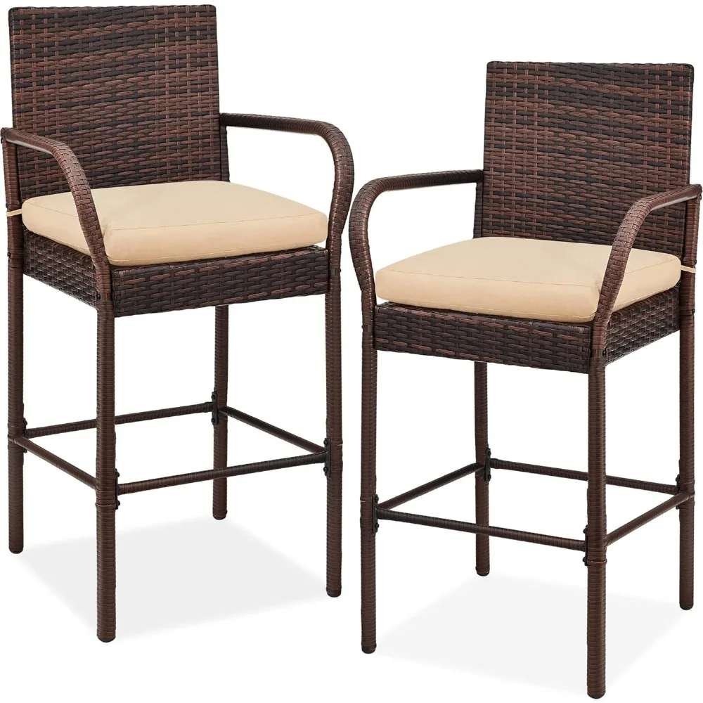 

Set of 2 Wicker Bar Stools, Indoor Outdoor Bar Height Chairs w/Cushion, Footrests, Armrests for Backyard, Patio, Pool, Garden,