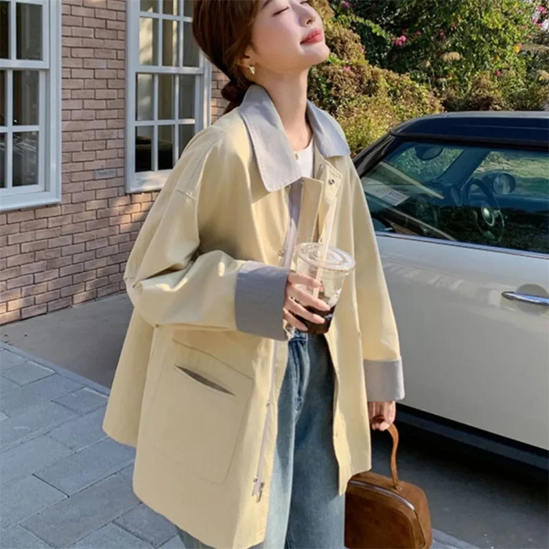 เสื้อโค้ทกันลมดีไซน์ตัดสีสำหรับผู้หญิง ฤดูใบไม้ผลิ/ฤดูใบไม้ร่วง 2025 แจ็คเก็ตใหม่สไตล์เกาหลี เสื้อคลุมลำลองทรงหลวม แฟชั่นเสื้อคลุมสำหรับผู้หญิง