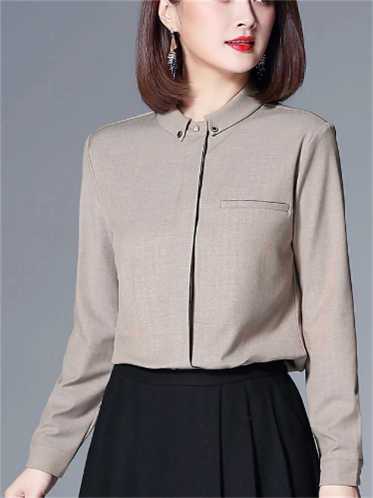 

Chic Blouse Women Shirts Temperament Ladies Blous Stand up Neck Cardigan Blouse Buckle Pocket Top Casual Feminine Blous Tops