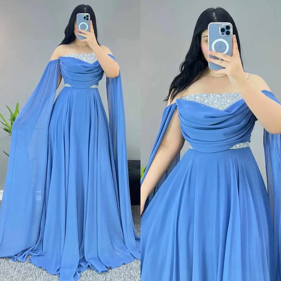 

Vintage Long Sleeves Evening Dresses Strapless Floor Length Pleated Beadings Formal Party Prom Dresses for Women