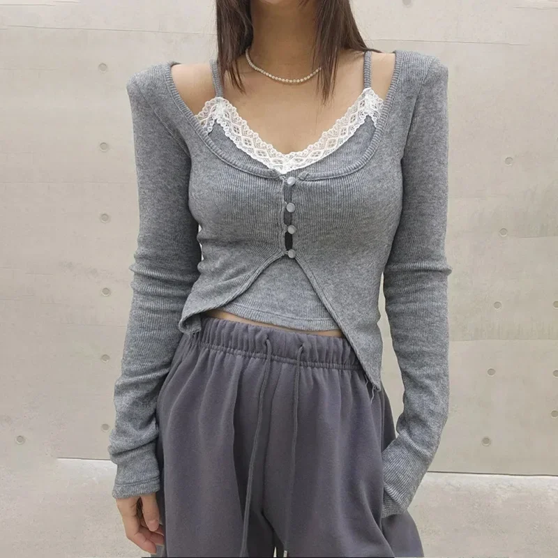 Harajuku U คอ Cropped เสื้อสเวตเตอร์ถัก + Y2k Aesthetic Lace Patchwork ผู้หญิง 2 ชิ้นชุด Fairy Vintage Femme Streetwear