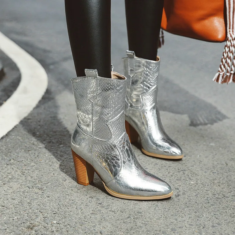 Fashion Golden Women Boot 2022 Autumn Winter New Silver Thick Heel Short Boots Women\'s Versatile High Heels Sleeve Boot Mujer