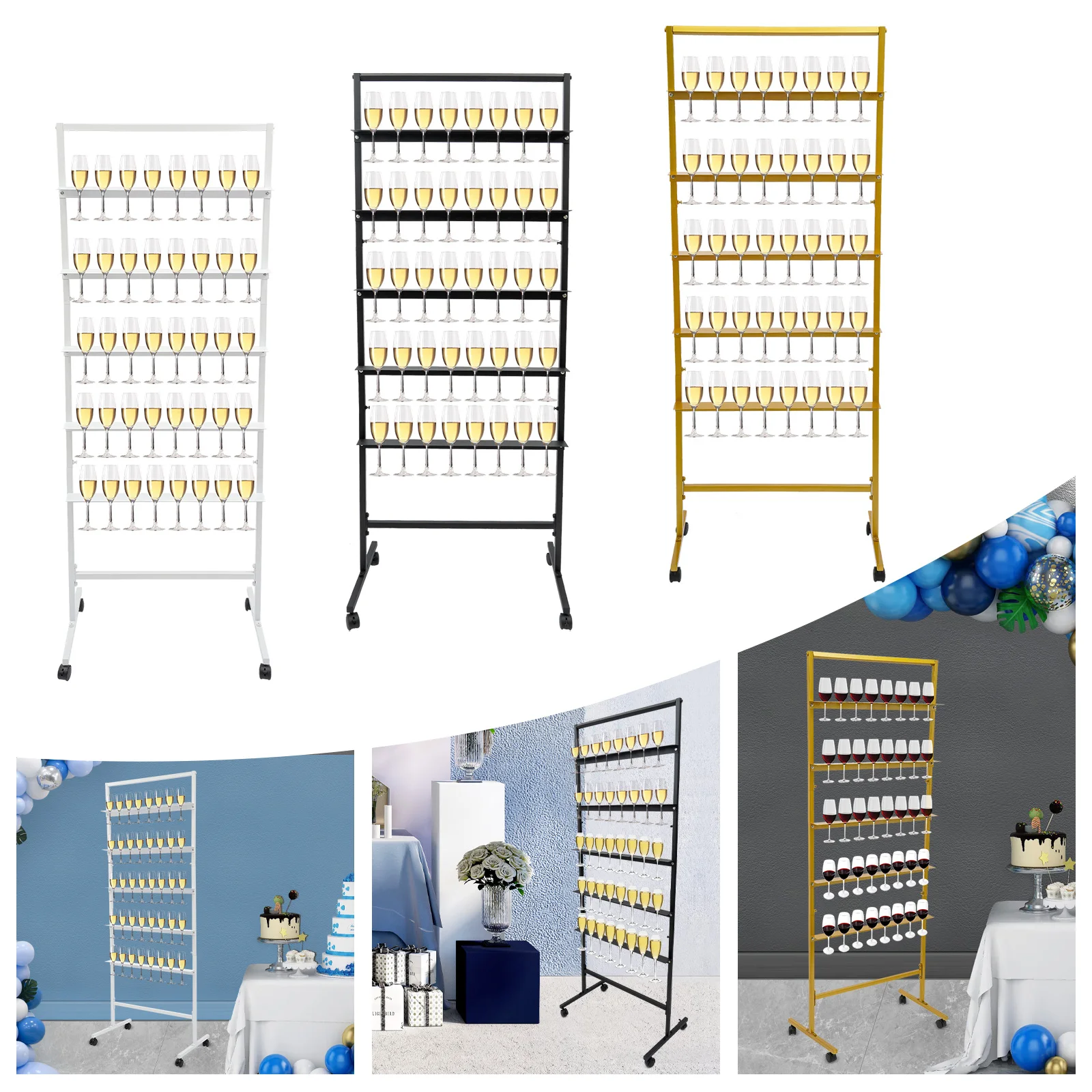 

Champagne Glass Holder for Party, 5-Tier Metal Champagne Flutes Display Stand, Champagne Wine Glass Holder with Swivel Casters