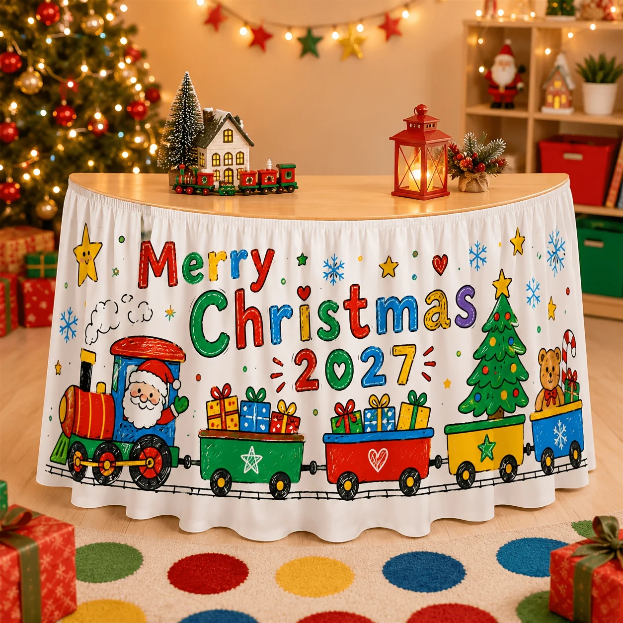 1 piece of tablecloth, Merry Christmas, 2027 Santa Claus Train Gift Box