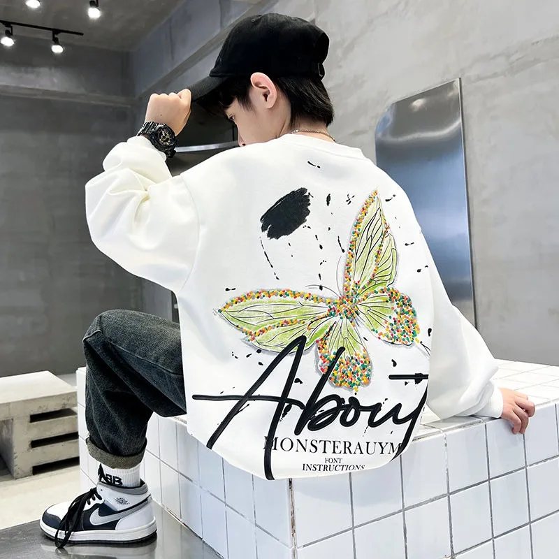 

Новинка 2025, весенне-осенняя утолщенная модная толстовка на флисовой подкладке для мальчиков среднего и большого размера