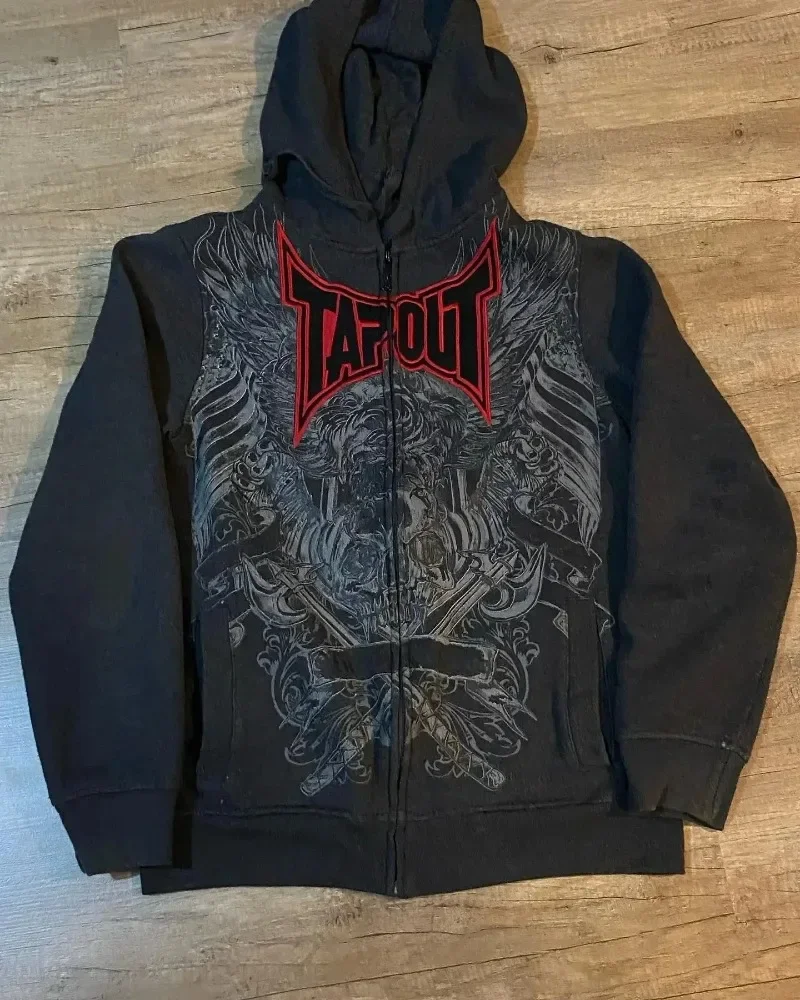 Harajuku Retro Tapout Zipper Hoodie Y2K Hip Hop Graphic Print Oversized Hoodie Sweatshirt Mens Womens Gothic Jacket Streetwear