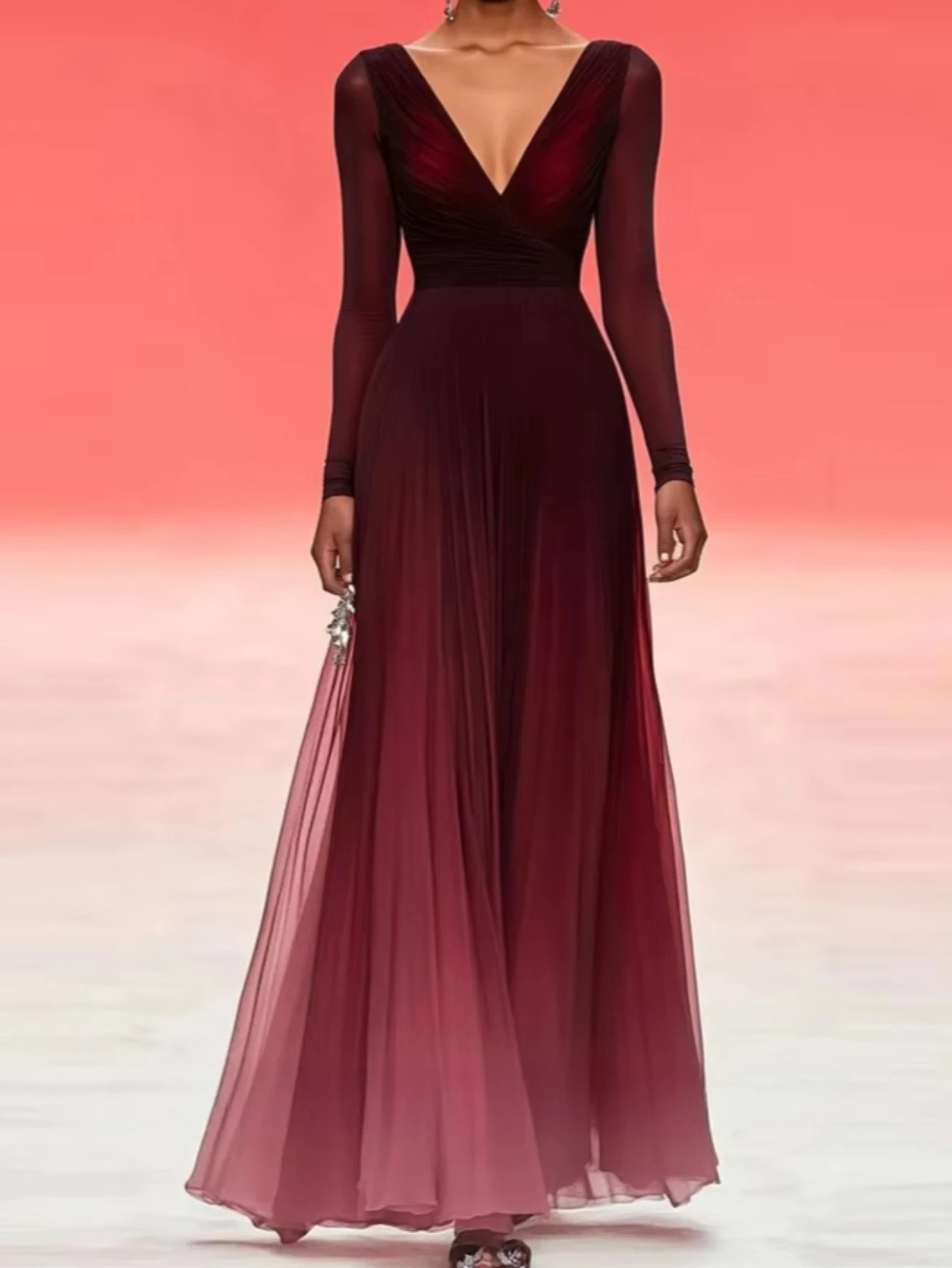 Customized Exquisite Burgundy Gradient Long Sleeve V-Neck Chiffon Evening Dresses 2026 New Elegant Floor Length Lady Prom Dress